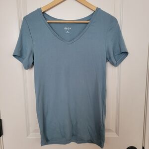 Stylish V-Neck Tee in Dusty Blue - Women's Top